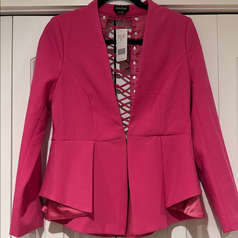 Bebe stretch twill lace up back‎ Vibrant Pink Blazer 6 NWT